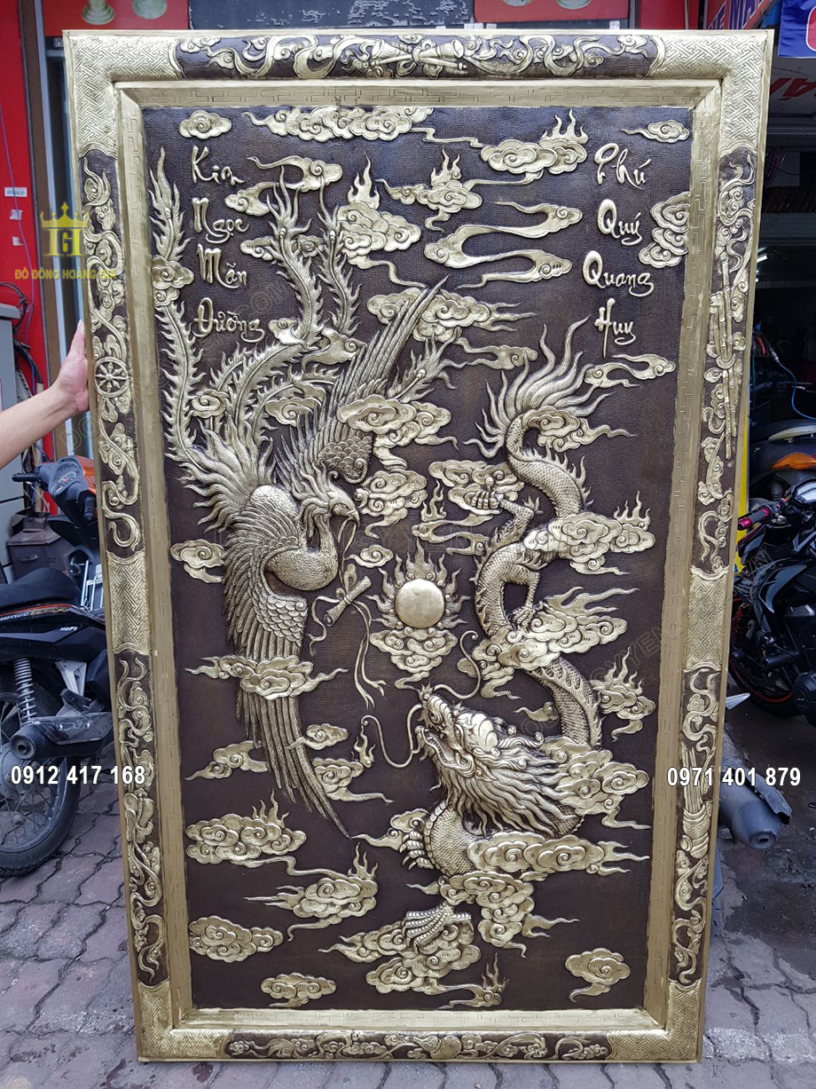 Tranh Đồng V&agrave;ng Long Phụng Hun Giả Cổ 2M